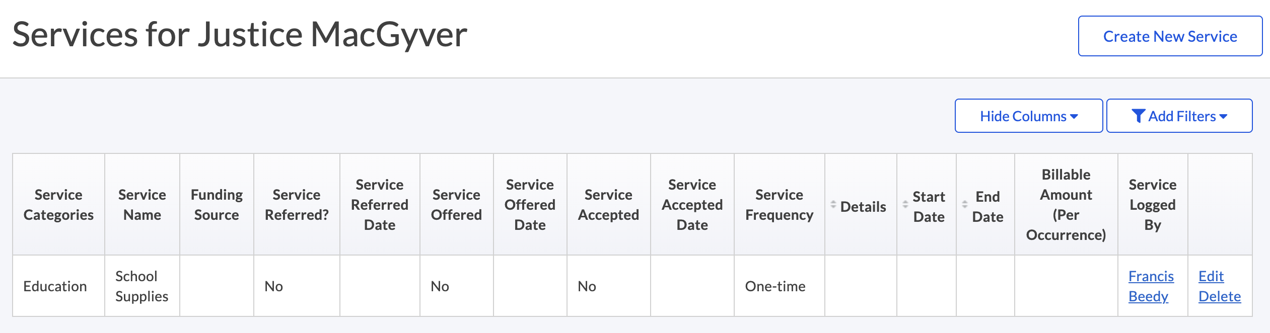 Screenshot of Services page in Case Management