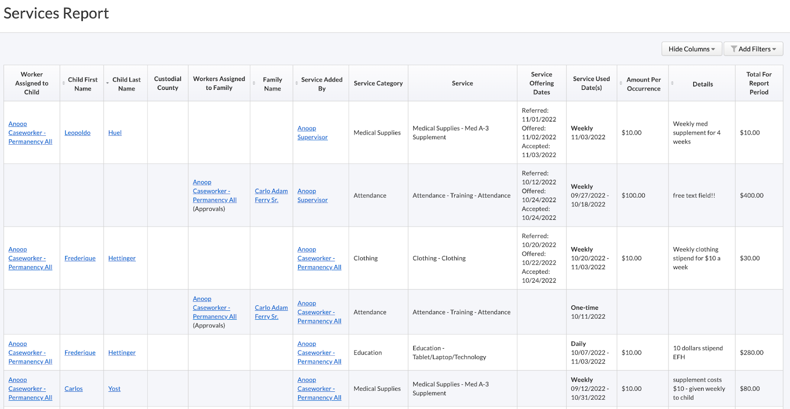 Screenshot of Services Report