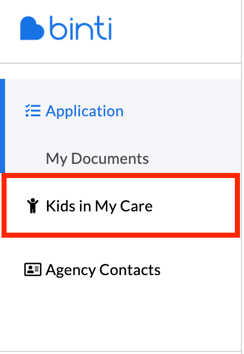 Screenshot of left menu in the caregiver portal with Kids in My Care visible